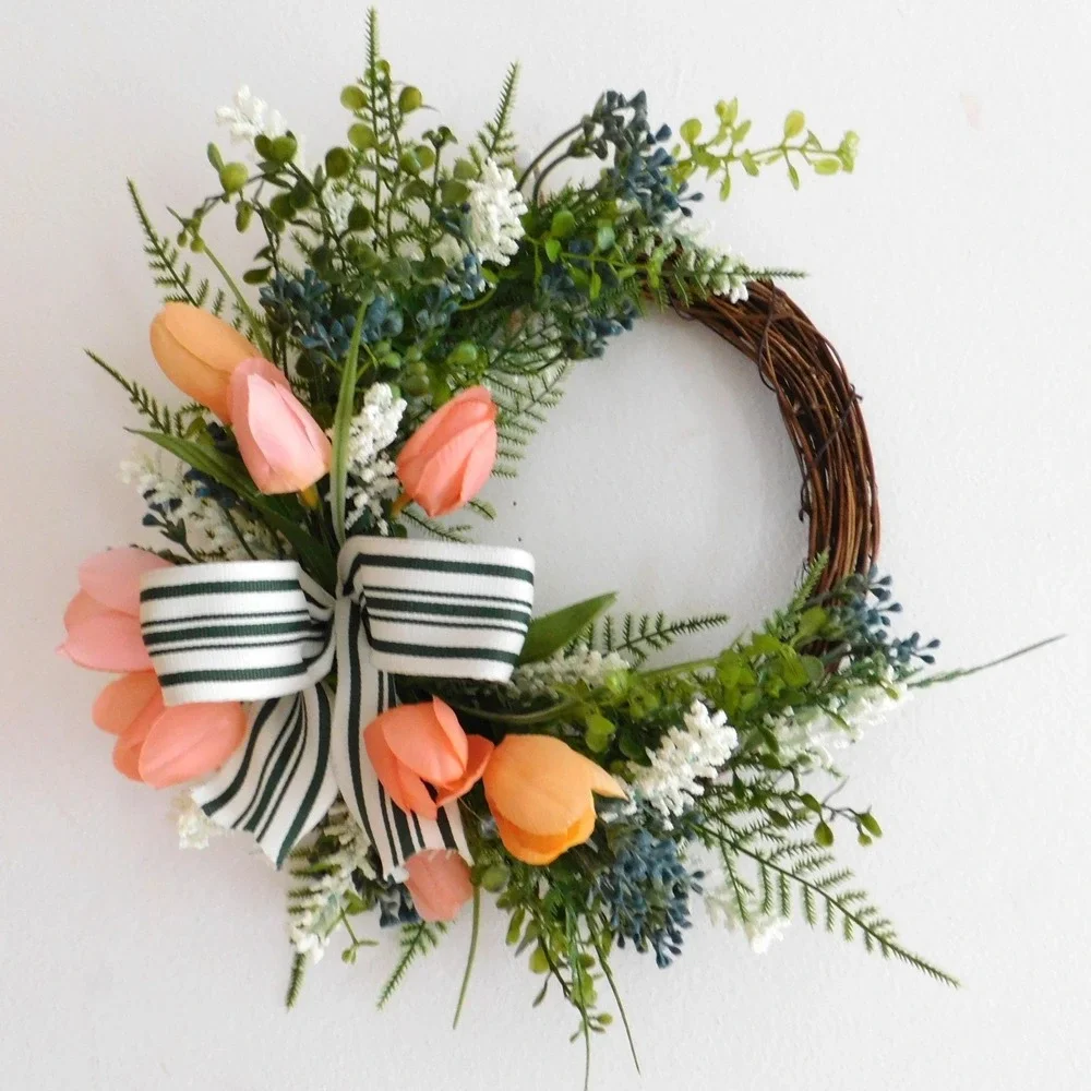 Artificial Spring Tulip Mini Greenry Wreath Berries Ferns‎ Housewarming Gift